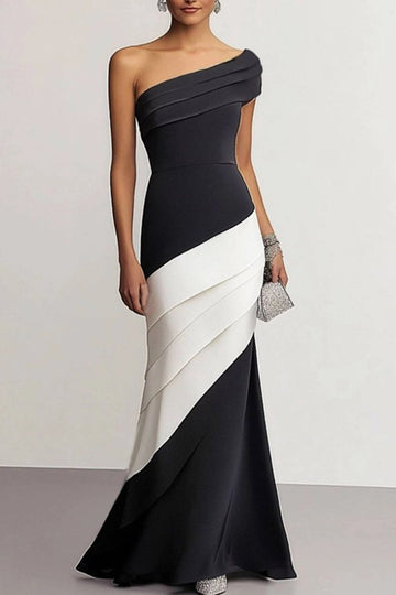 Black and White One Shoulder Mermaid Maxi Formal Dress